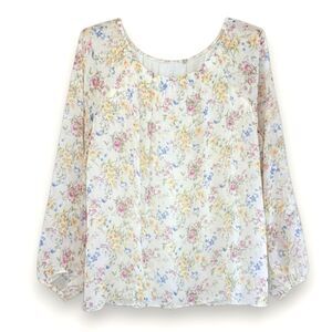 Sheer Floral 100% Silk Peasant Blouse Boho Cottagecore Pastel Long Sleeve M